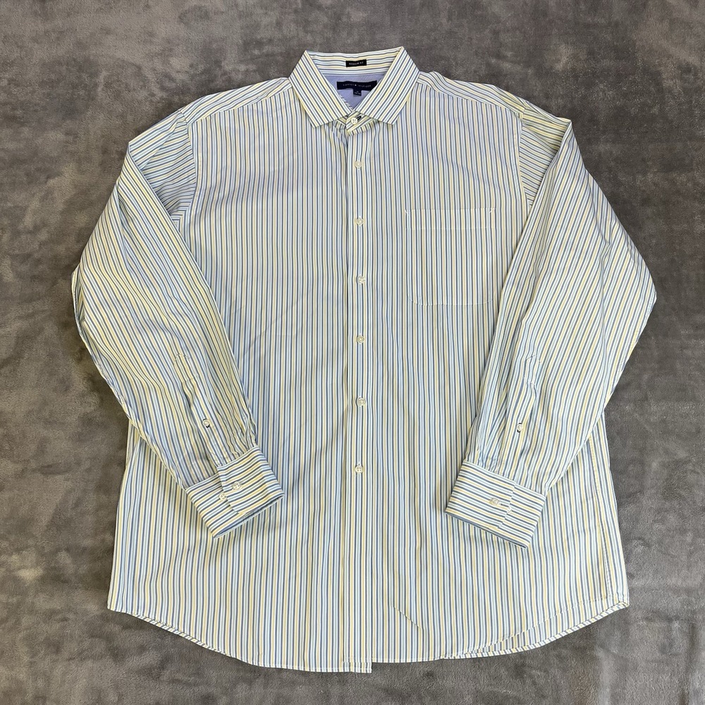 Tommy Hilfiger Button Down Mens 17 34-35 Blue Yellow Striped Regular Fit Shirt